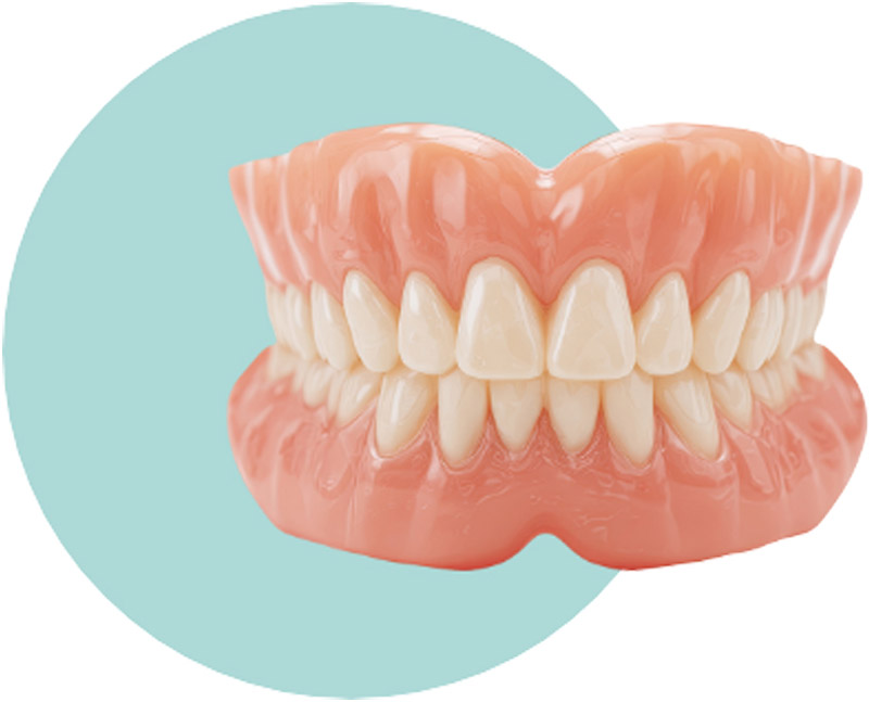 Full upper and lower dentures on a teal circular background.